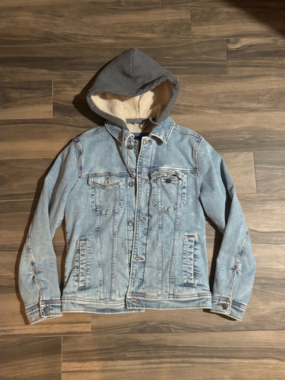 Hollister Light Blue Denim Jacket with Gray Hood and Cream Sherpa Lining